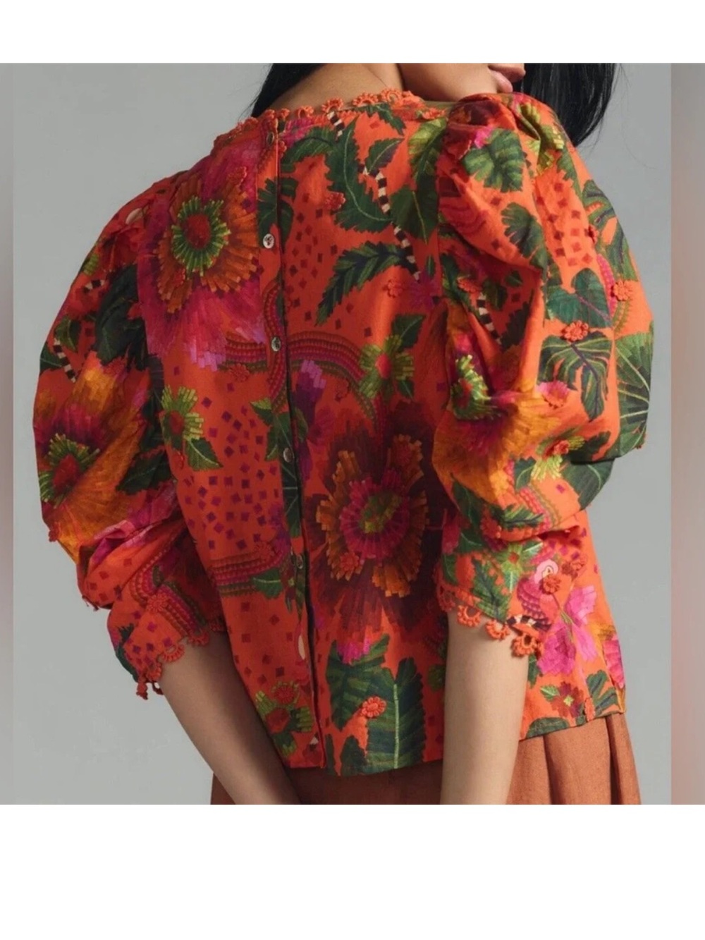 FARM RIO Cotton Blooming Garden Blouse Orange Floral Size Small - Picture 4 of 12